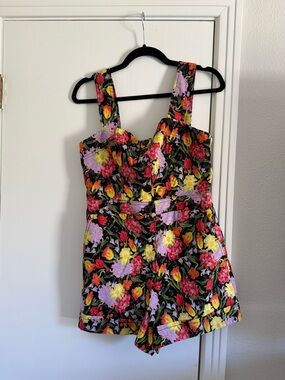 Black Floral Romper with Bright Multi-Color Blooms